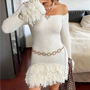 Off-Shoulder Cream Fringe Knit Mini Dress with Chain Detail